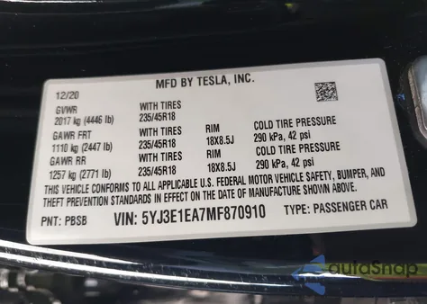 2021 Tesla Model 3 from USA, damaged, VIN 5YJ3E1EA7MF870910
